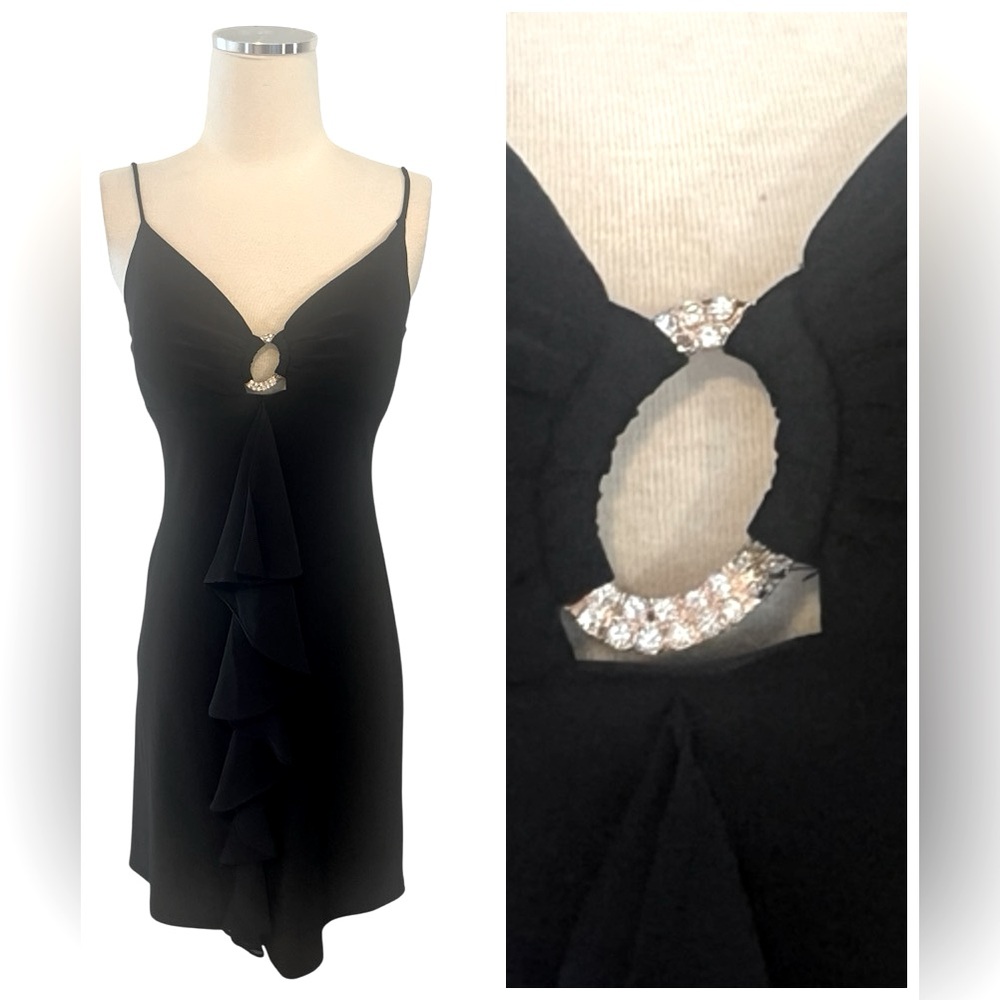 Betsy & Adam Black Spaghetti Strap Rhinestone Detail Dress Sz 6